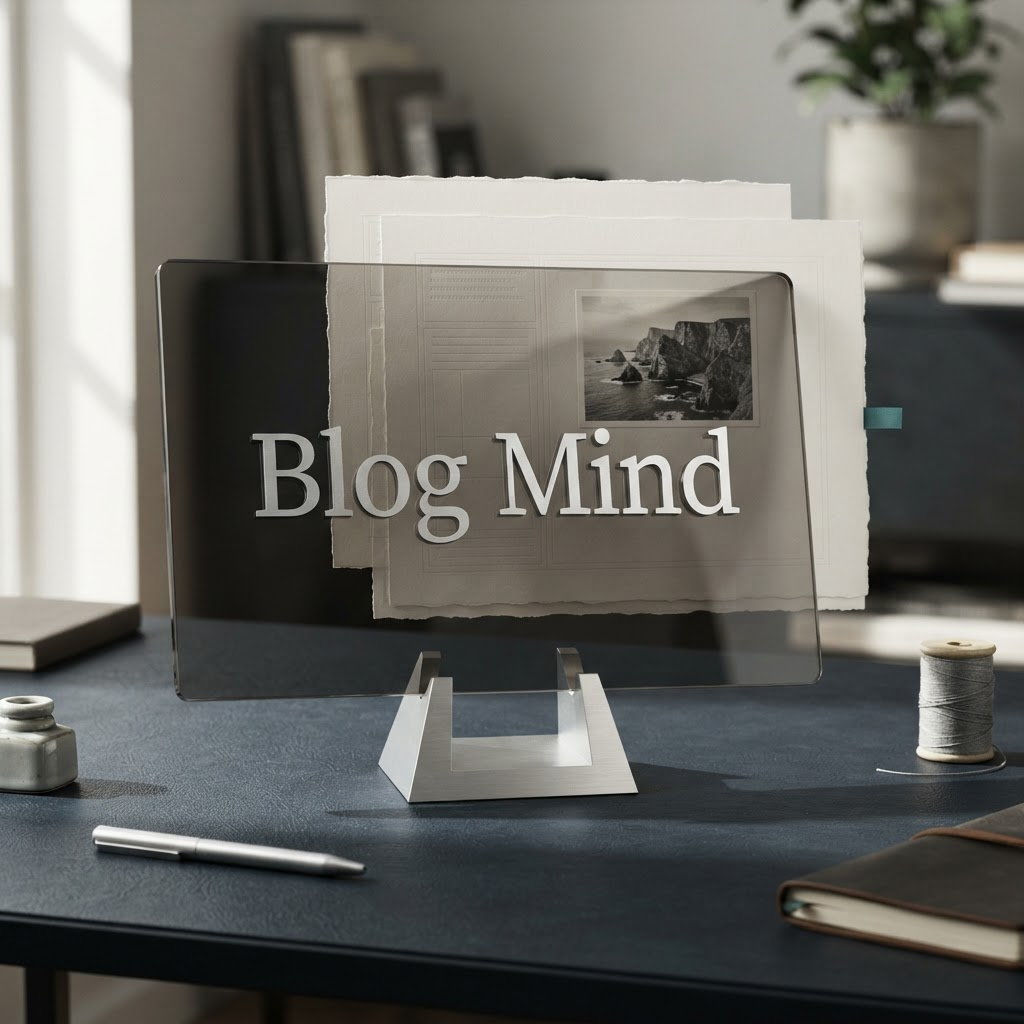 Concept artwork of publishing sheets and a glass Blog Mind panel
