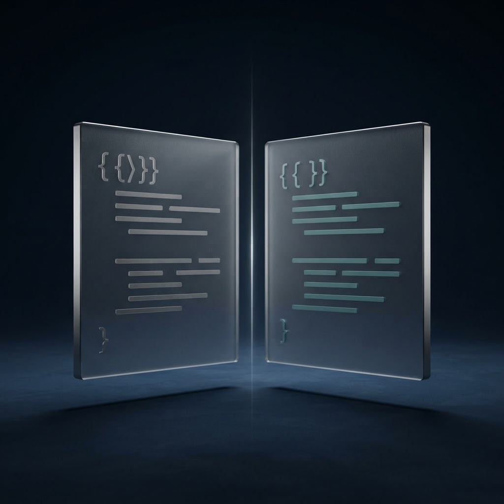 Concept artwork of two etched glass code sheets showing differences