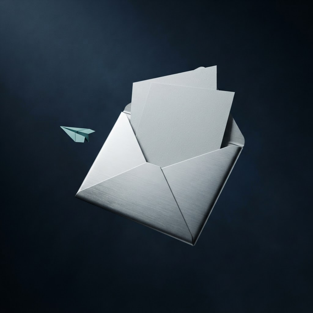 Concept artwork of a silver envelope, paper cards, and a paper plane