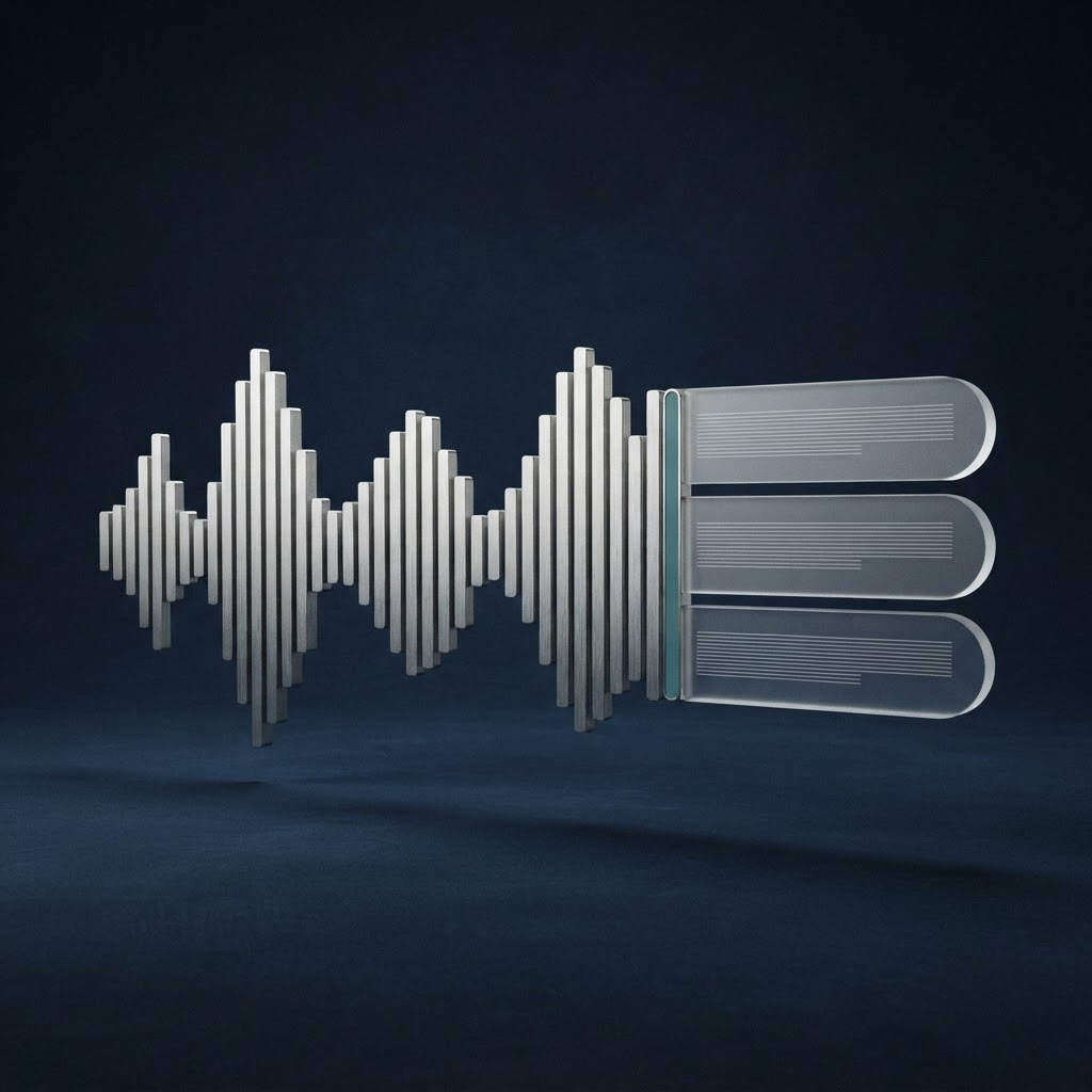 Concept artwork of a silver waveform transforming into glass caption strips