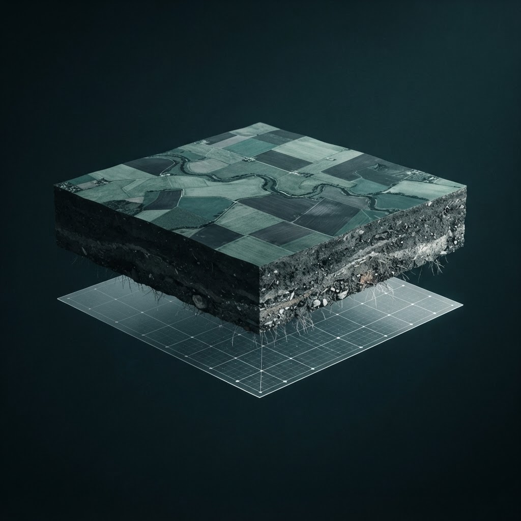 Concept artwork of a floating farmland soil sample and a scanning layer